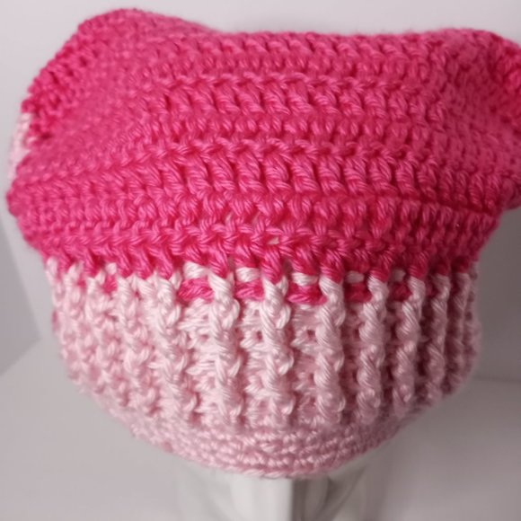 Handmade Crochet Knit Beanie Hat Dark/Light Pink Women's 8" Round - Picture 3 of 5